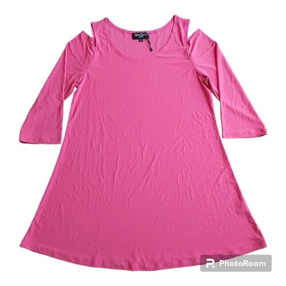 Red Coral Tops - Red Coral Pink Cold Shoulder 3/4 Sleeve Polyester Blend Tunic - Size Small